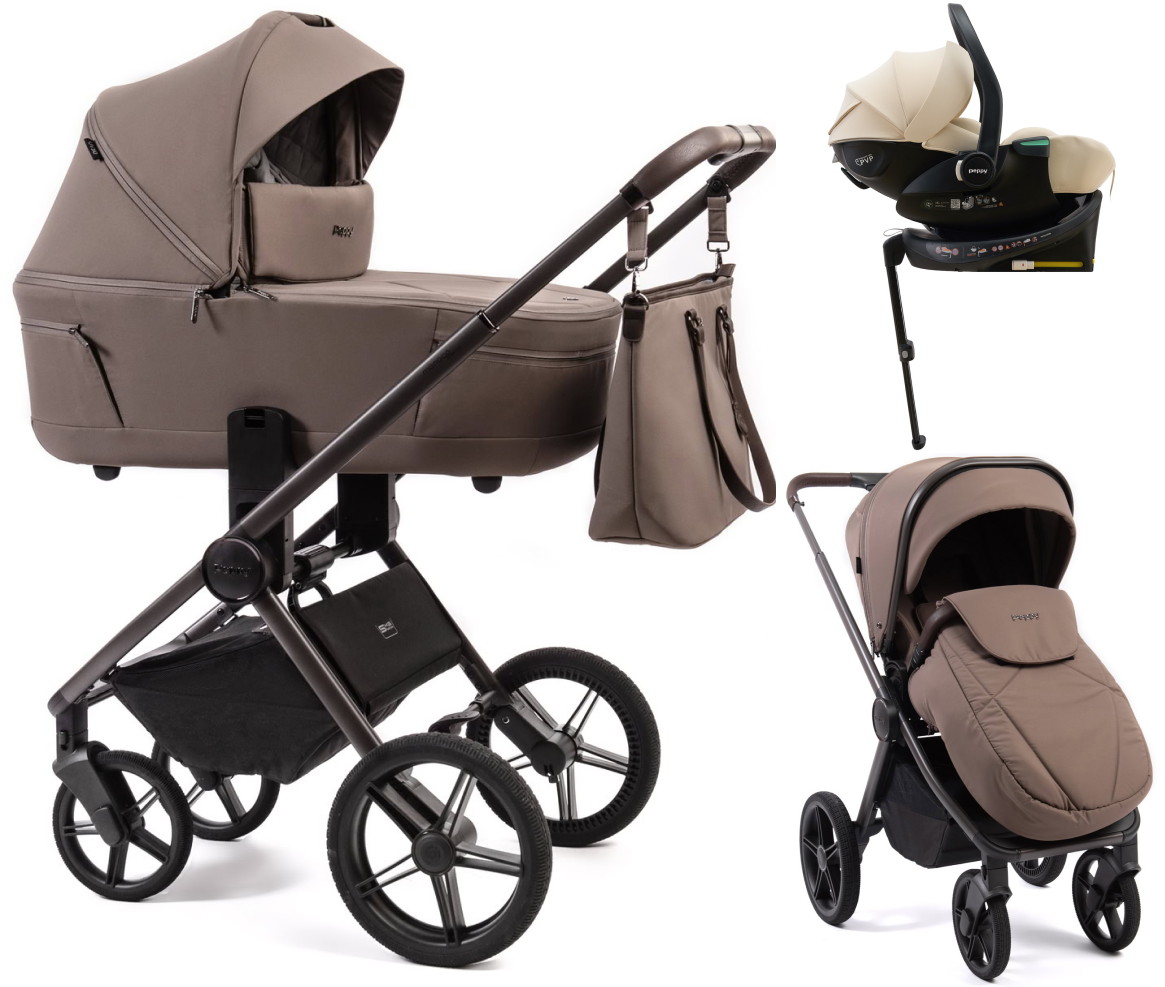 Детская коляска Peppy Monaco Thermo 4 в 1 с автокреслом Jet Beige и базой Mocca (кофе), рама серо-коричневая