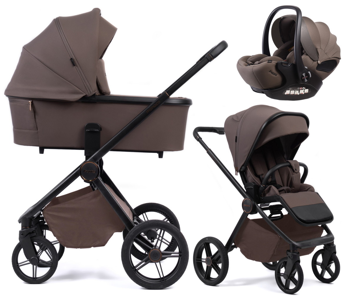 Детская коляска Peppy Monaco Plus 3 в 1 с автокреслом Verona Brown Brownie (коричневый), рама черная