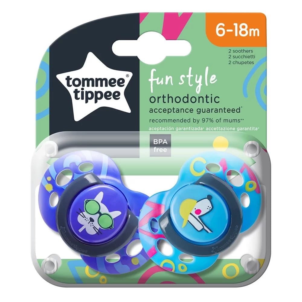 Соска-пустышка силиконовая Tommee Tippee Fun Style, 6-18 мес., 2 шт. CAINE синий/голубой