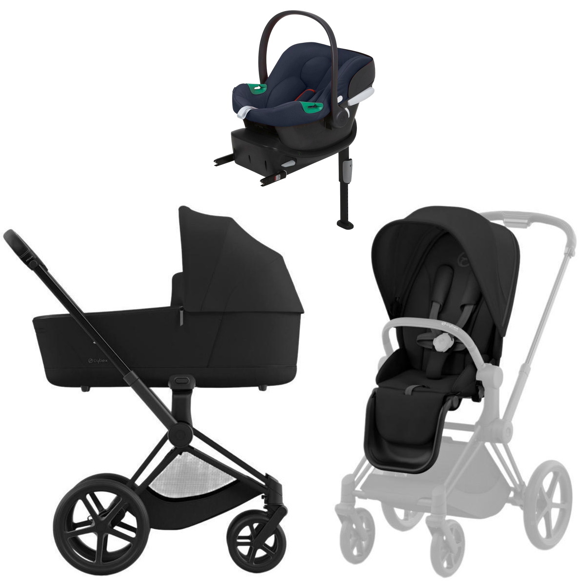 Коляска Cybex Priam IV Matt Black complete Aton B2 Bay Blue Base One 3 в 1 Sepia Black