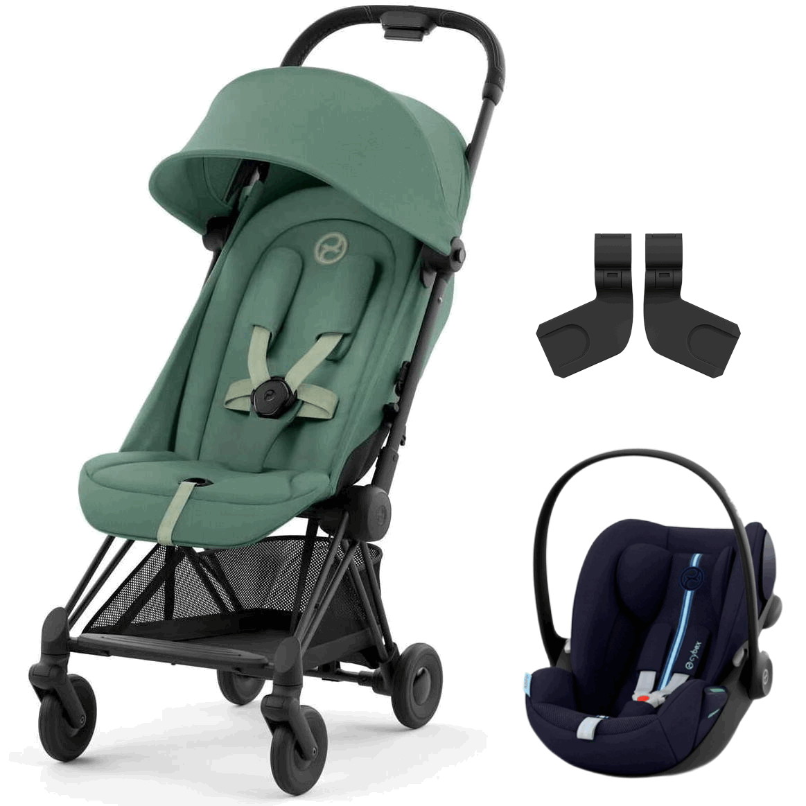 Коляска Cybex Coya Matt Black Frame Cloud G i-Size Ocean Blue Plus Leaf Green с дождевиком и бампером