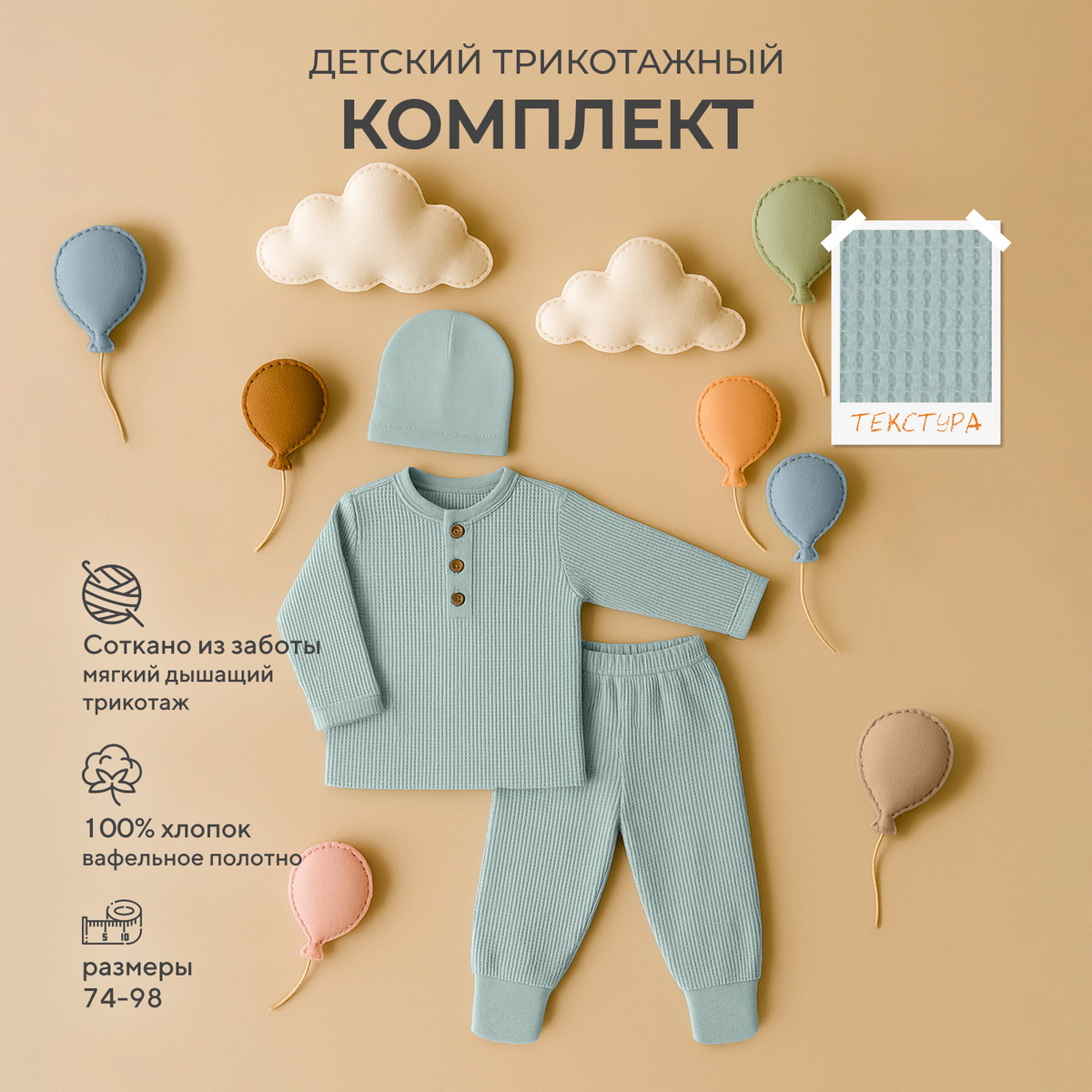 Комплект Rant Waffy лонгслив,штанишки,шапочка 1-92 Mint 86