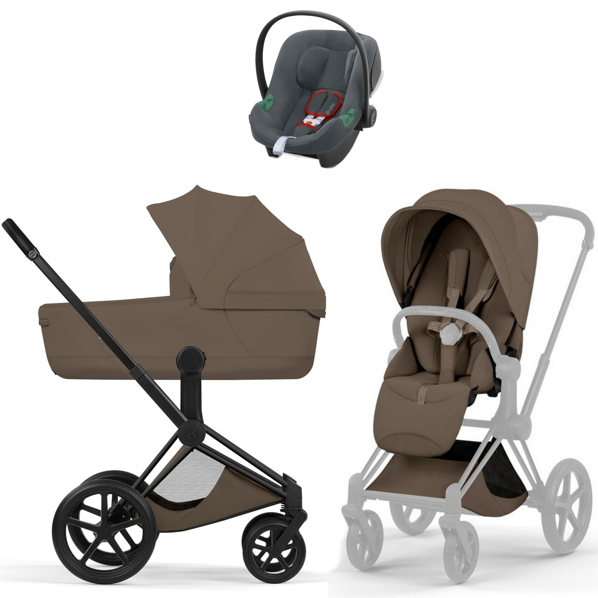 Коляска Cybex Priam V Matt Black Style Aton B2 Steel Grey 3 в 1 Coconut Brown