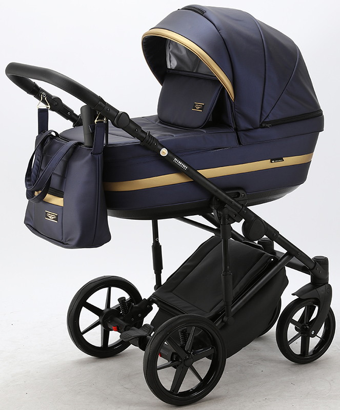 Детская коляска Adamex Rimini Deluxe 3 в 1 RI250 Т.СИН.ПЕРЛ.КОЖА+ЗОЛОТО.ОТДЕЛКА