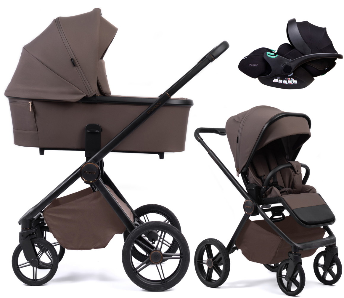 Детская коляска Peppy Monaco Plus 3 в 1 с автокреслом Verona Black Brownie (коричневый), рама черная