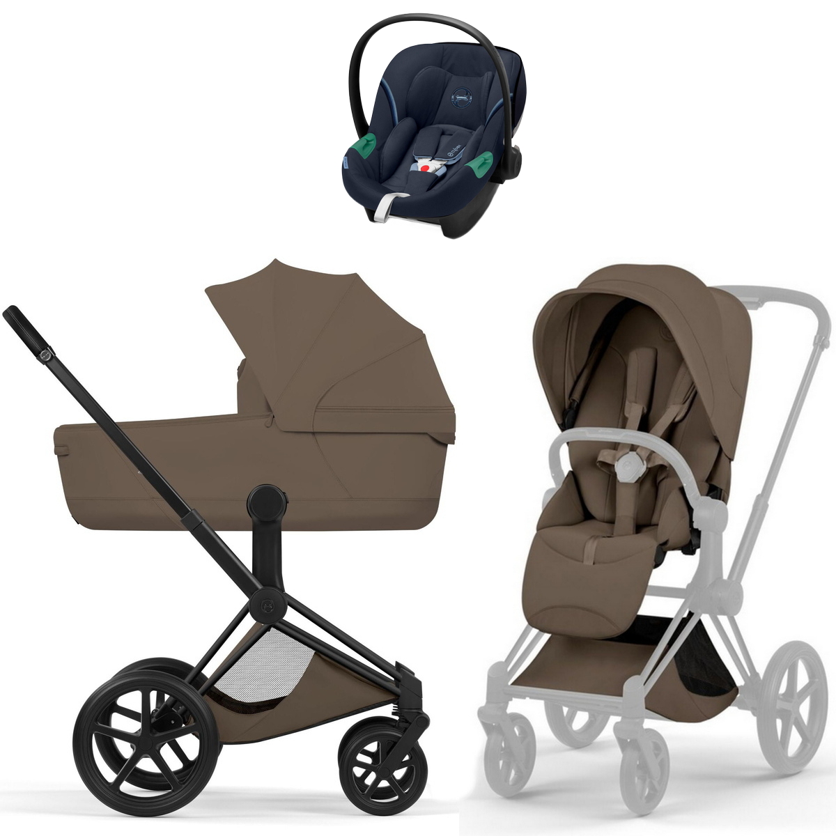 Коляска Cybex Priam V Matt Black Style Aton S2 Ocean Blue 3 в 1 Coconut Brown