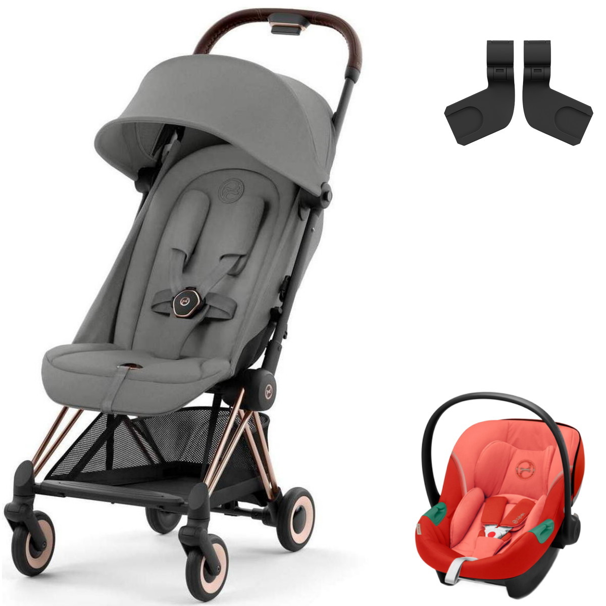 Коляска Cybex Coya Rosegold Frame Aton S2 i-Size Hibiscus Red 2 в 1 Mirage Grey с дождевиком и бампером