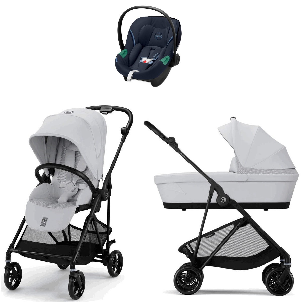 Коляска Cybex Melio Carbon Aton S2 i-Size Ocean Blue 3 в 1 Fog Grey с дождевиком