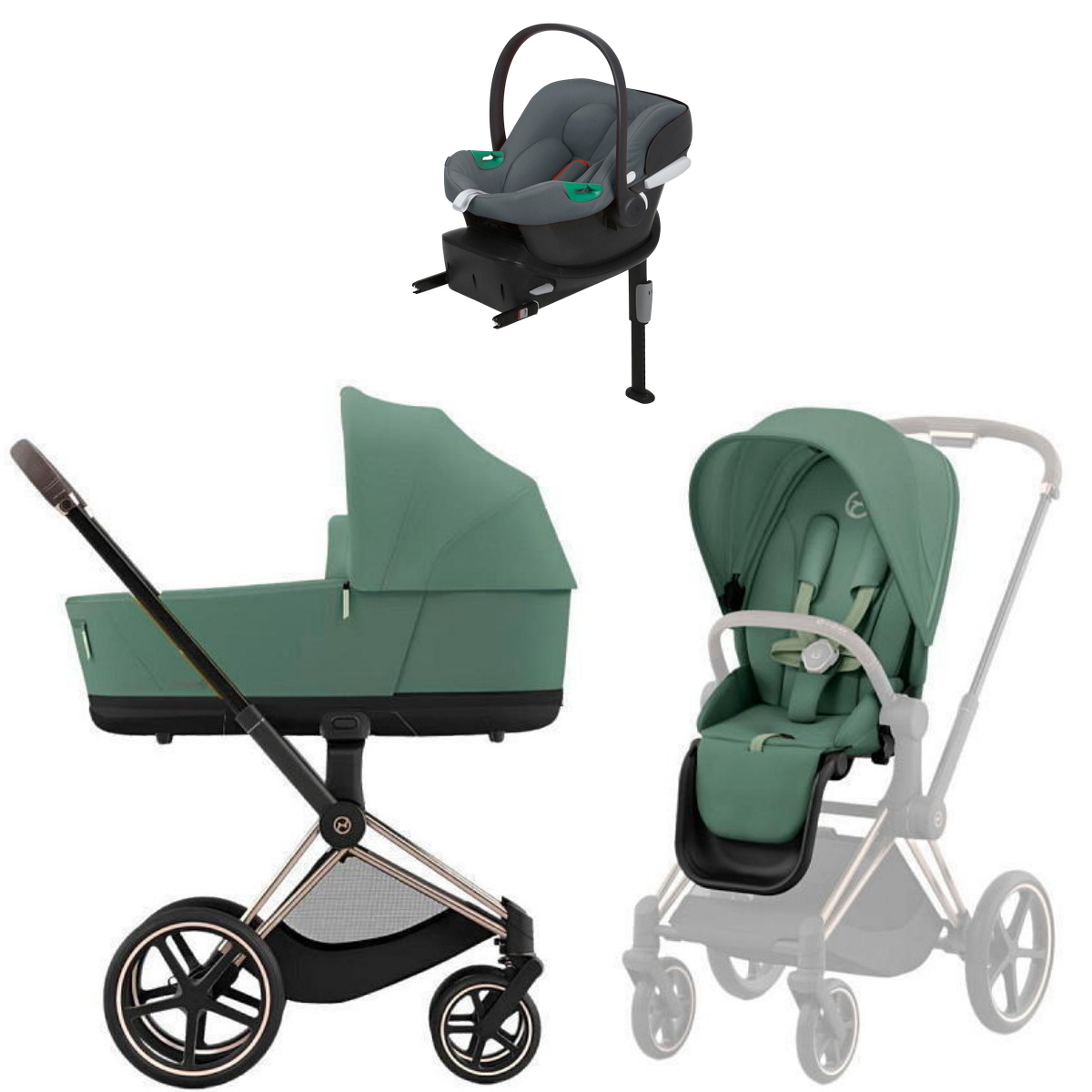 Коляска Cybex Priam IV Rosegold complete Aton B2 Steel Grey Base One 3 в 1 Leaf Green