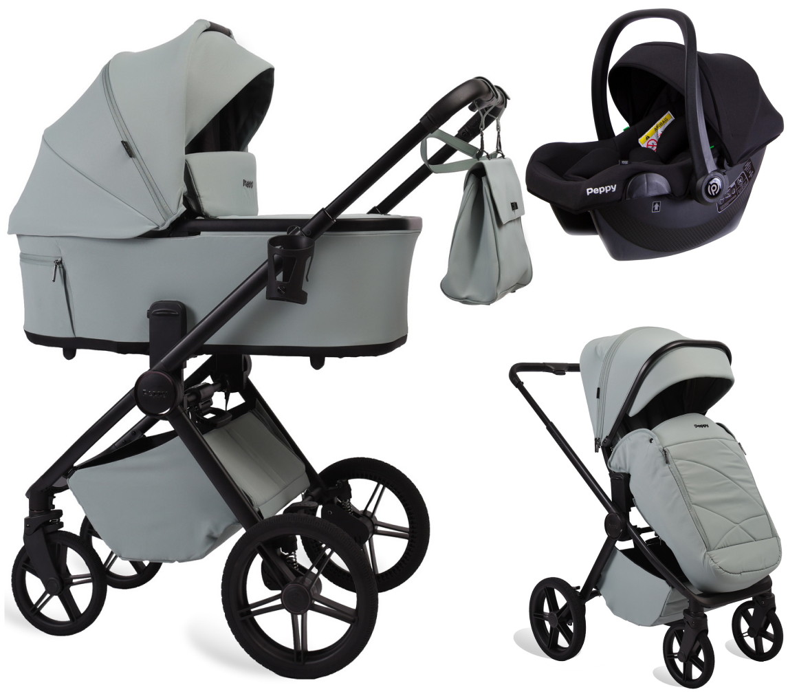 Детская коляска Peppy Monaco Plus 3 в 1 с автокреслом Rise Black Mint (мятный), рама черная