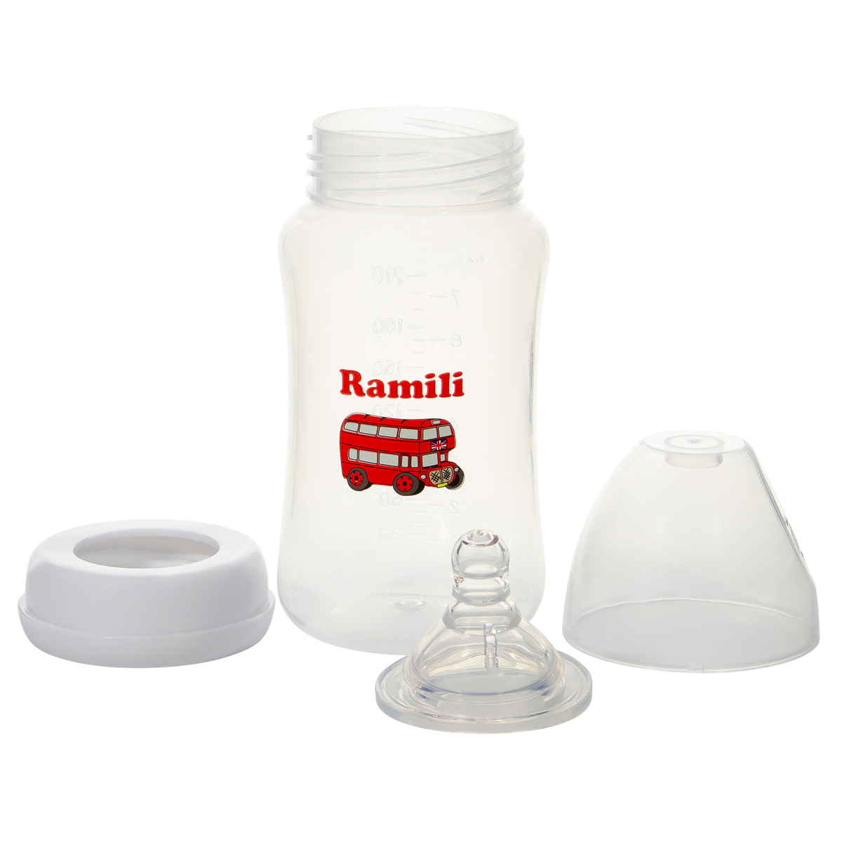 Противоколиковая бутылочка Ramili Baby 240 мл. с двумя сосками 0+ и 3+ (240MLBT100M, слабый и средний поток)