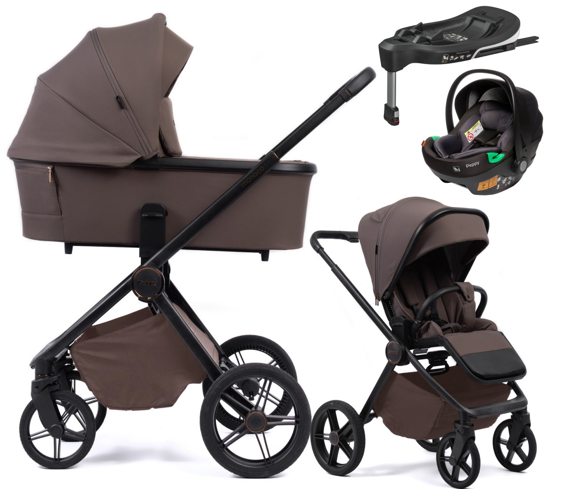 Детская коляска Peppy Monaco Plus 4 в 1 с автокреслом First Black и базой Brownie (коричневый), рама черная