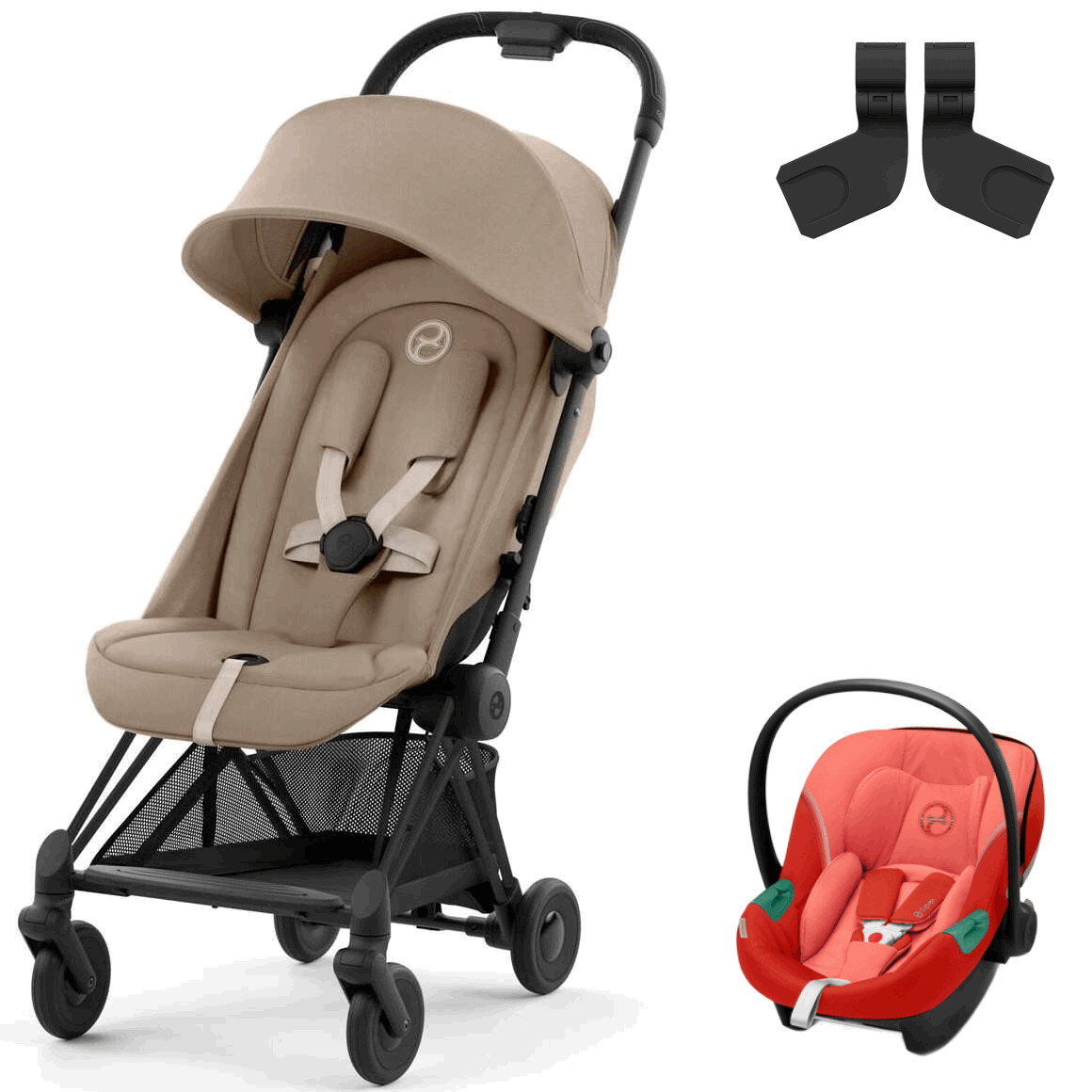 Коляска Cybex Coya Matt Black Frame Aton S2 i-Size Hibiscus Red 2 в 1 Cozy Beige с дождевиком и бампером