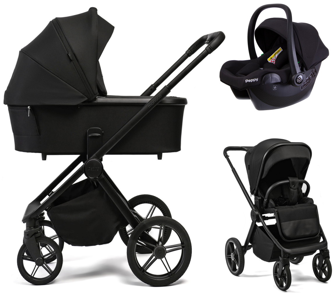Детская коляска Peppy Monaco Plus 3 в 1 с автокреслом Rise Black Black (черный), рама черная