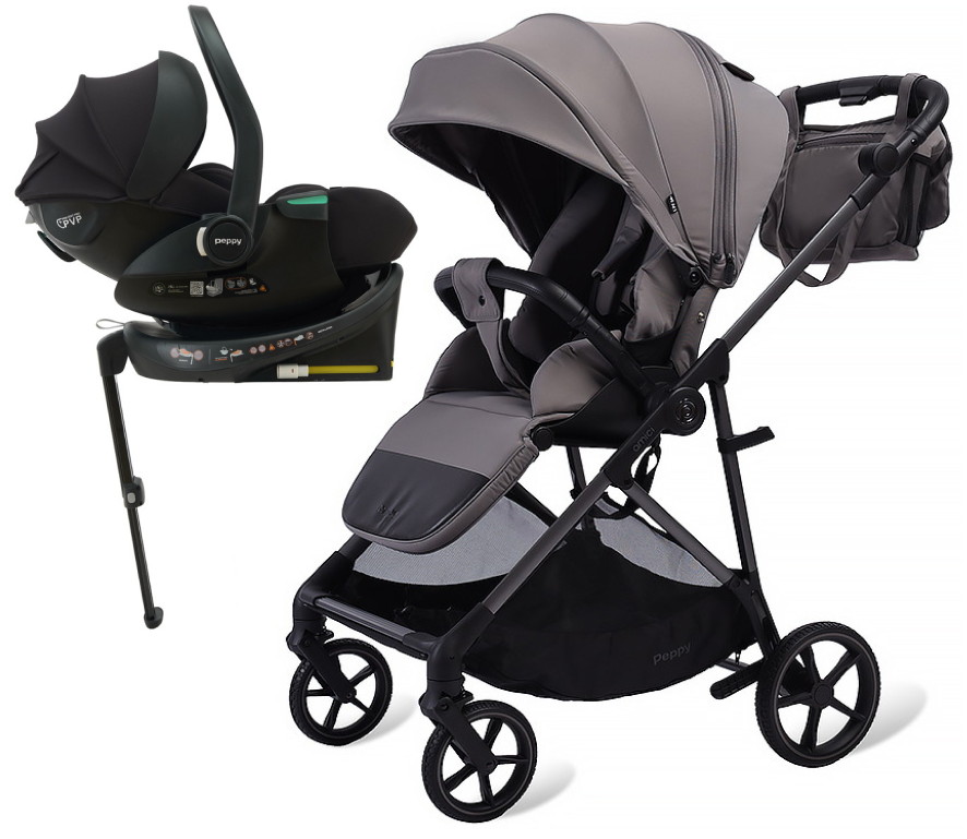 Прогулочная коляска Peppy Amici с автокреслом Jet Black и базой Grey серый, рама серая