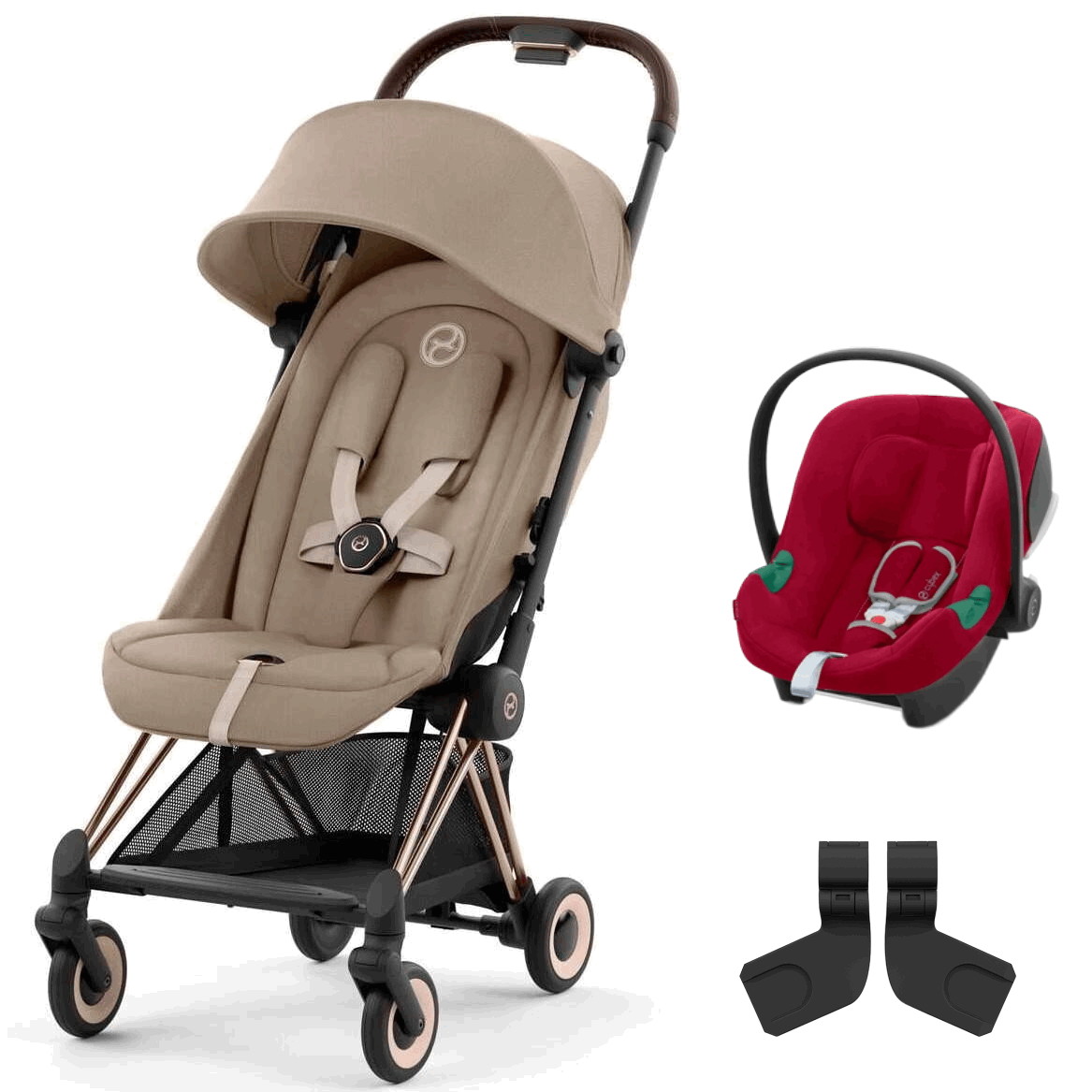Коляска Cybex Coya Rosegold Frame Aton B2 i-Size Dynamic Red Cozy Beige с дождевиком и бампером