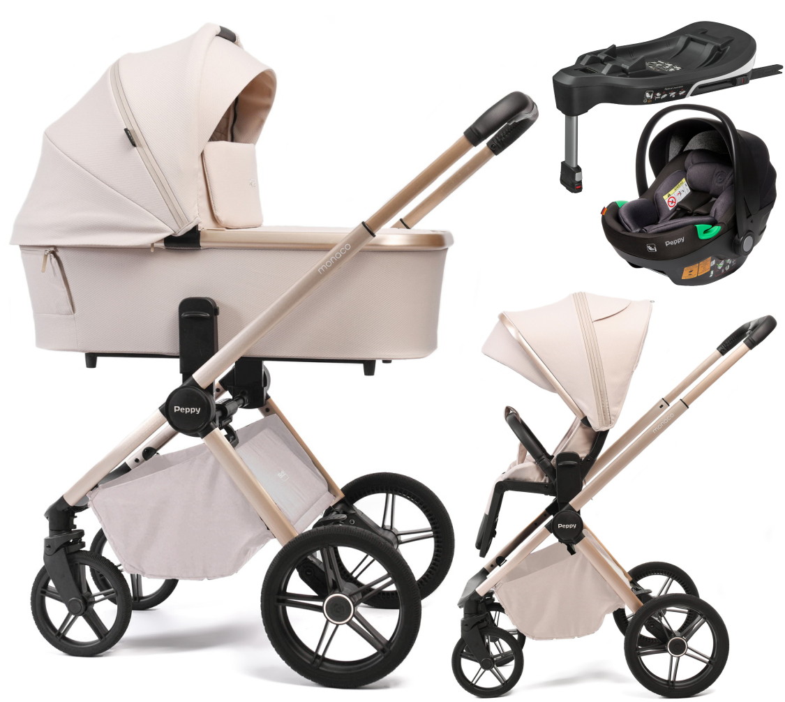 Детская коляска Peppy Monaco Plus 4 в 1 с автокреслом First Black и базой Beige (бежевый), рама беж, шлифованный алюминий