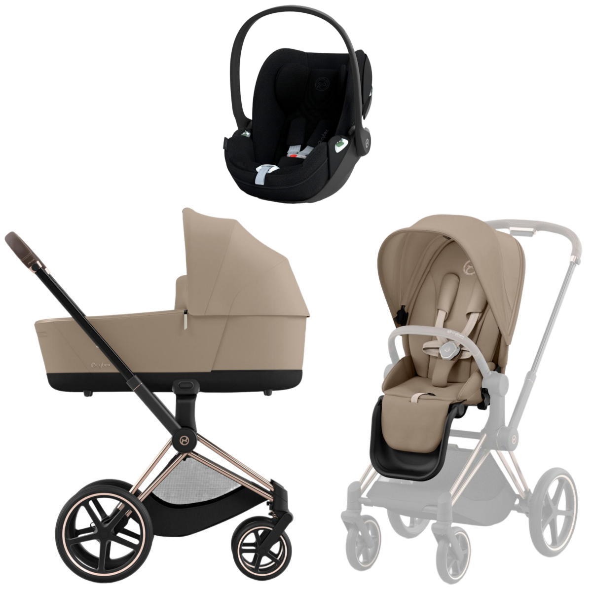 Коляска 3 в 1 Cybex Priam IV Rosegold complete и автокресло Cloud T i-Size Sepia Black Plus Cozy Beige