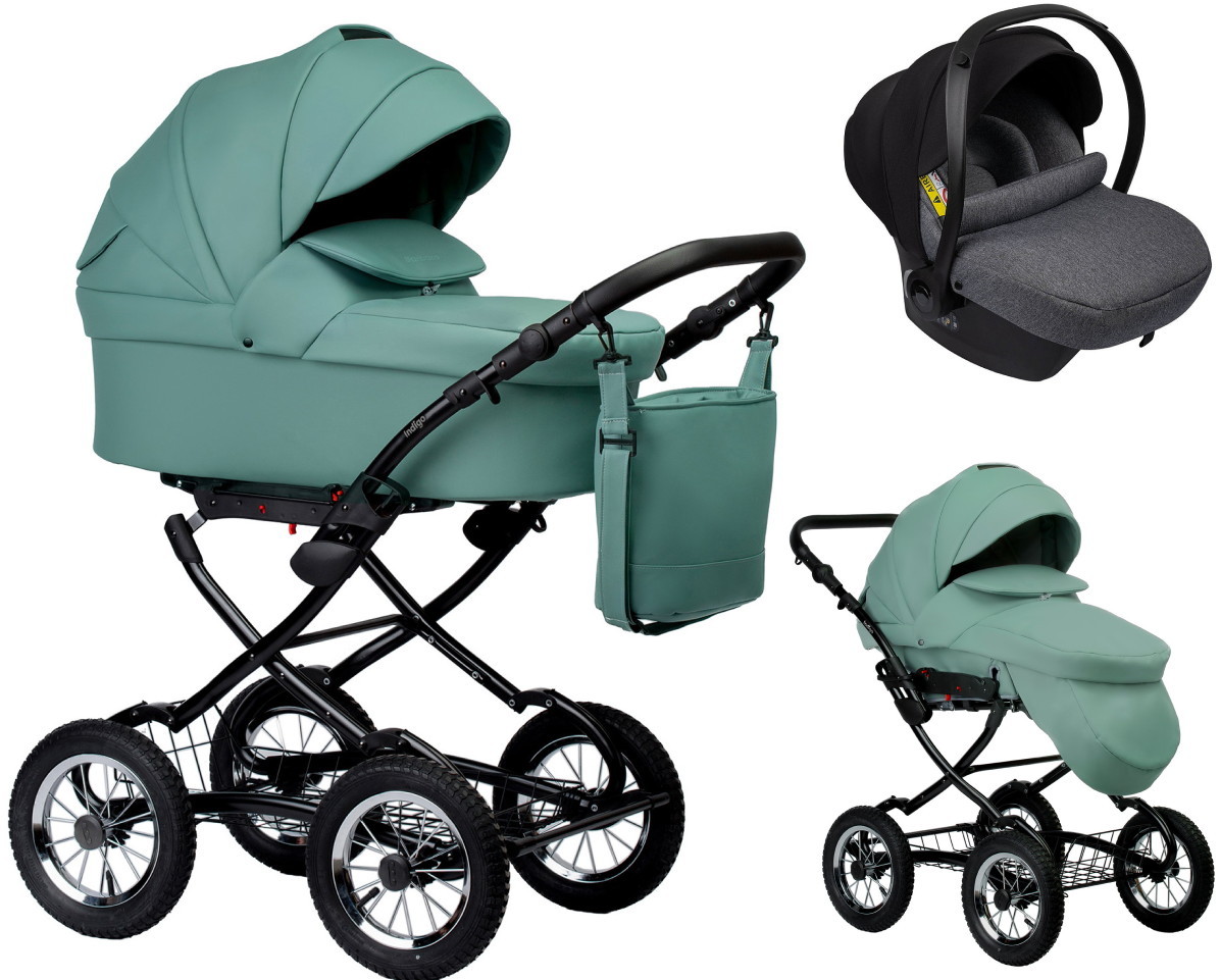 Детская коляска Indigo Barbara Eco Classic 3 в 1 с автокреслом Avionaut Cosmo Grey Be01 шалфей кожа