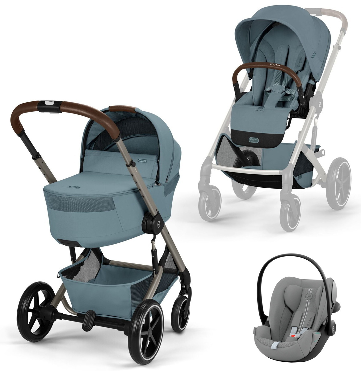 Коляска Cybex Balios S Lux Fold Cot TPE Cloud G3 Stone Grey Plus 3 в 1 Stormy Blue с дождевиками