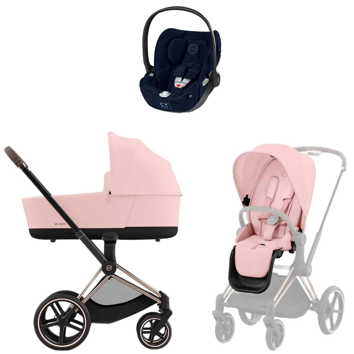 Коляска Cybex Priam IV Rosegold complete Cloud T Rebellious Luxury Denim Blue 3 в 1 Peach Pink