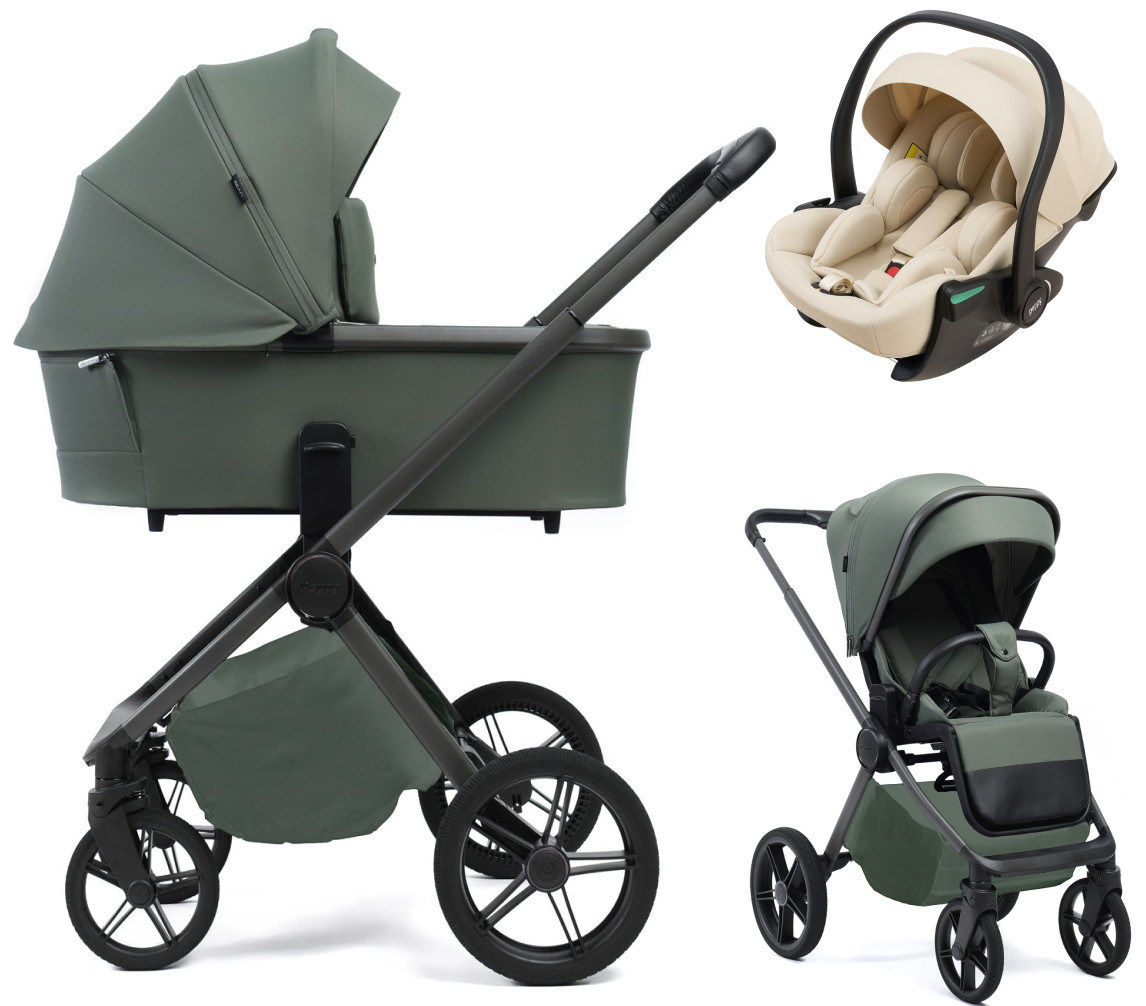 Детская коляска Peppy Monaco Plus 3 в 1 с автокреслом Jet Beige Oliva Green (зеленый), рама серая