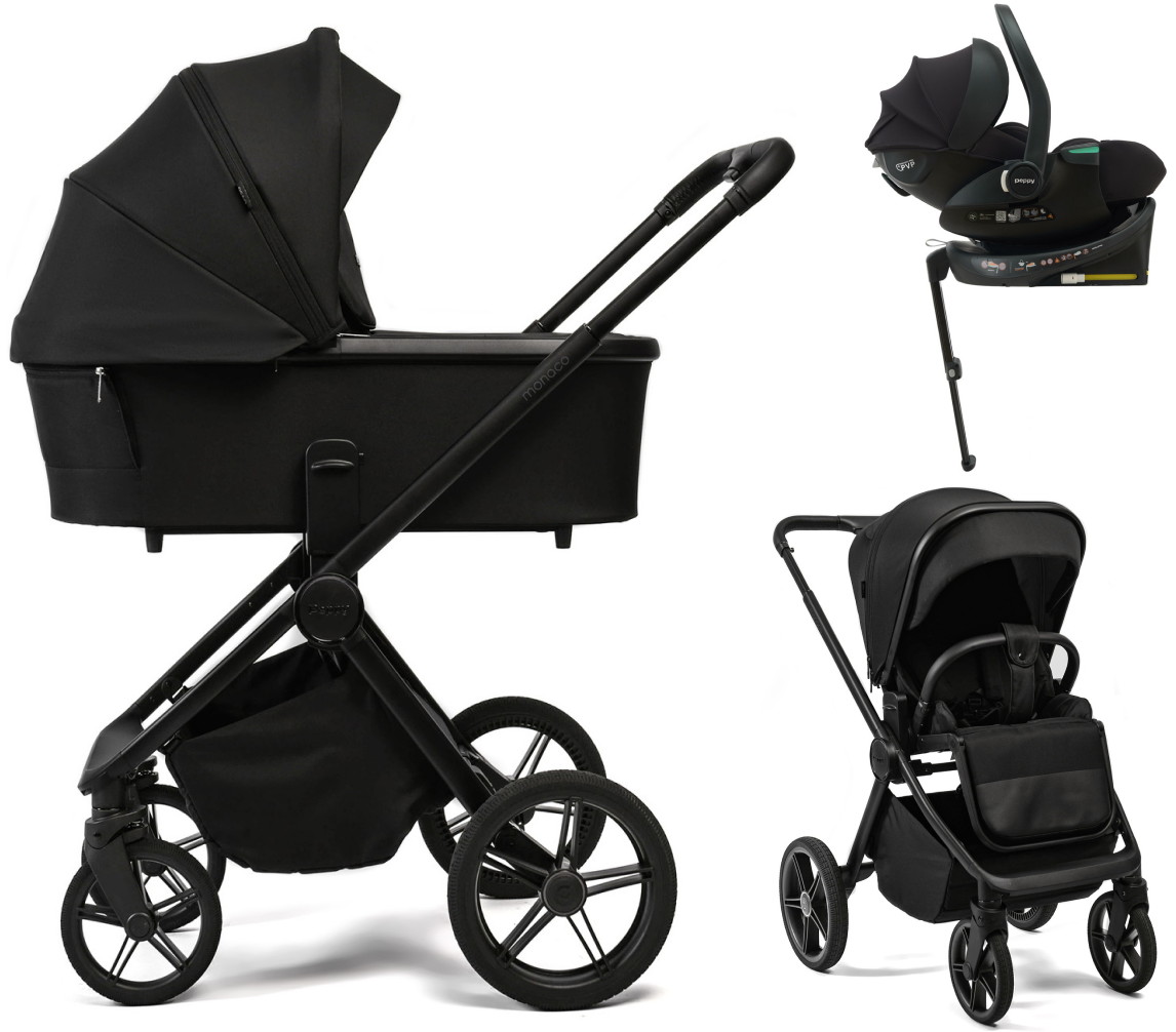 Детская коляска Peppy Monaco Plus 4 в 1 с автокреслом Jet Black и базой Black (черный), рама черная