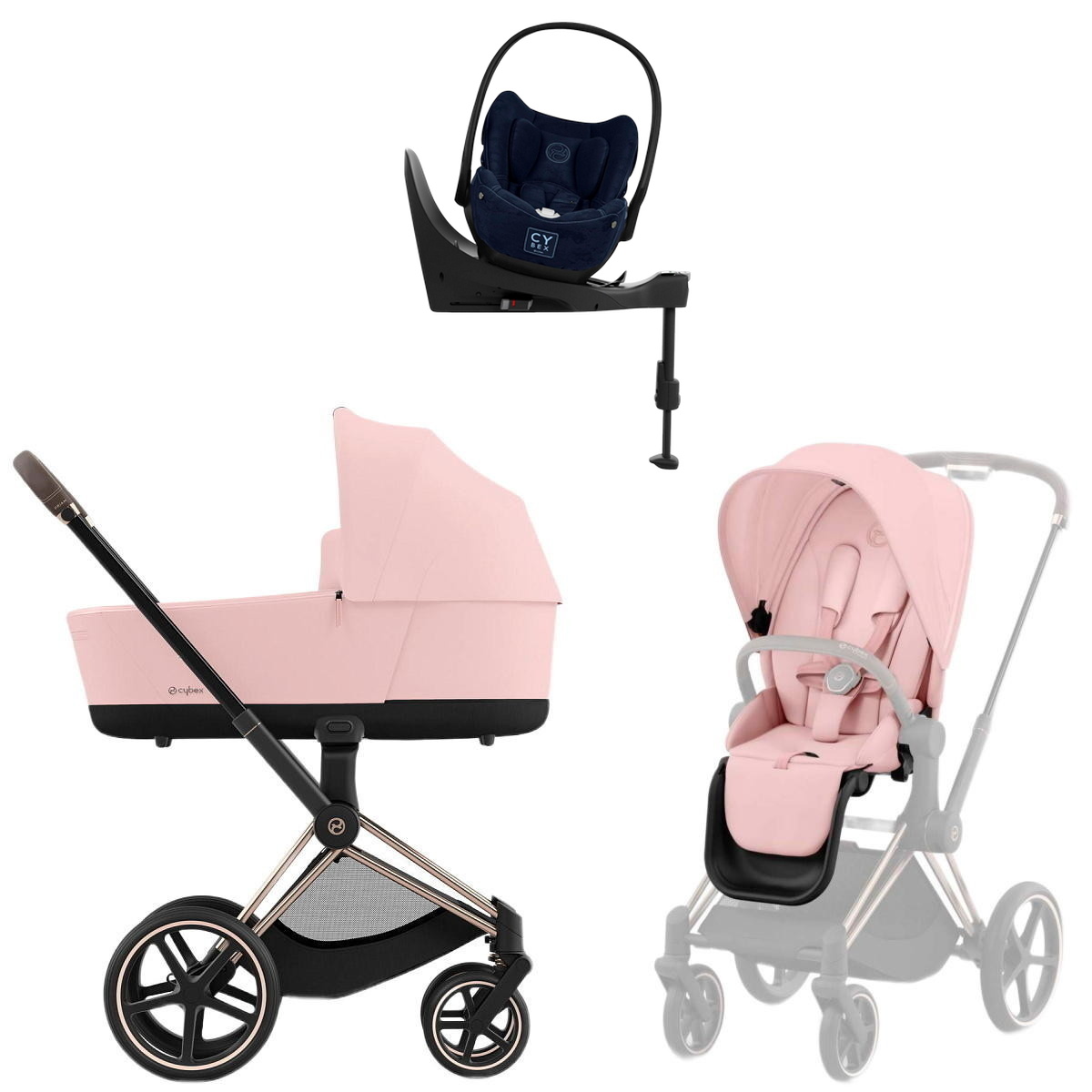 Коляска Cybex Priam IV Rosegold complete Cloud T Rebellious Luxury Denim Blue Base T 4 в 1 Peach Pink