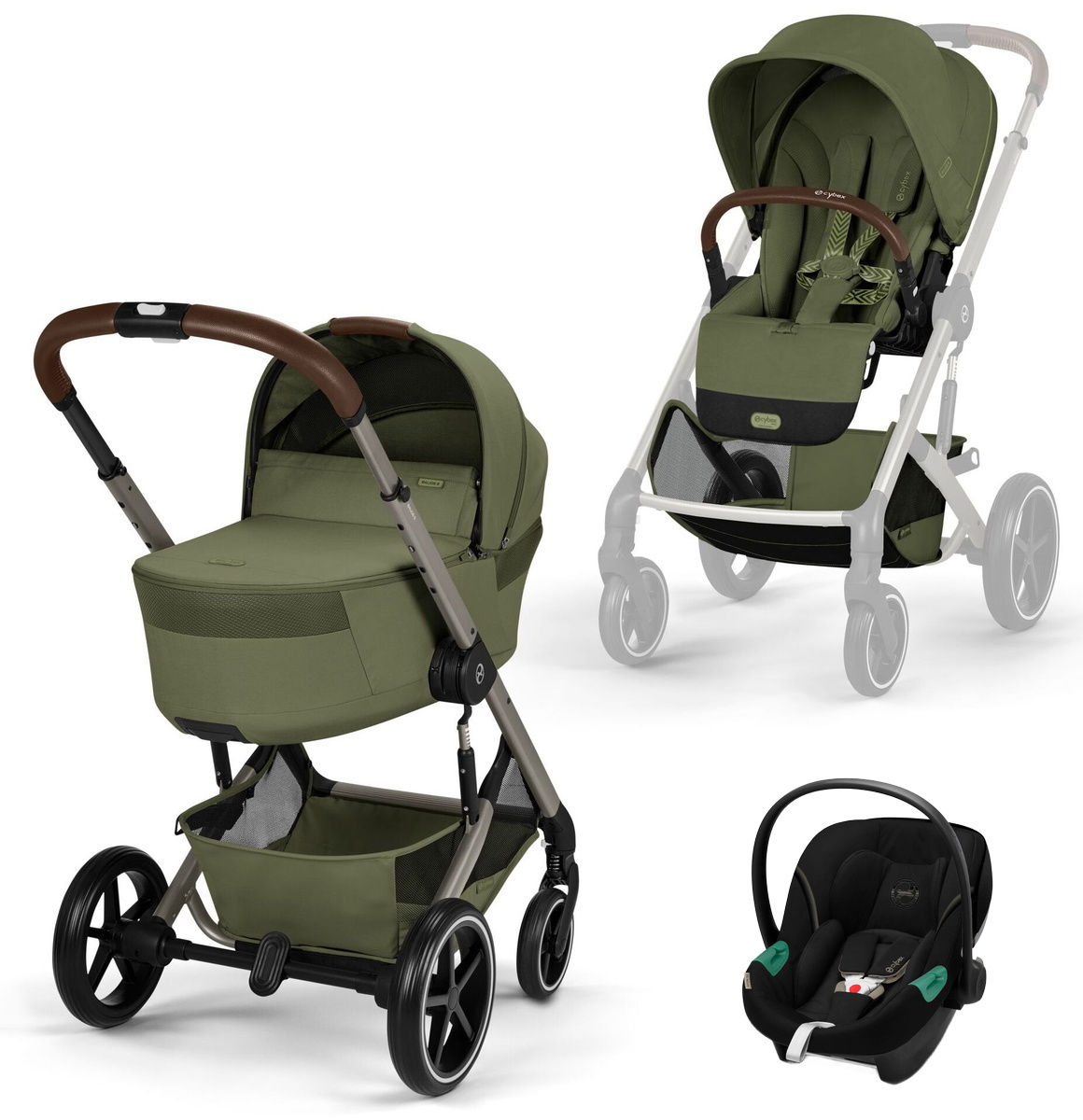 Коляска Cybex Balios S Lux Fold Cot TPE Aton S2 Moon Black 3 в 1 Moss Green с дождевиками