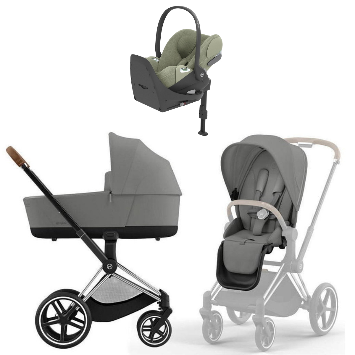 Коляска Cybex Priam IV Chrome Brown complete Cloud T Sage Green Plus Base T 4 в 1 Mirage Grey