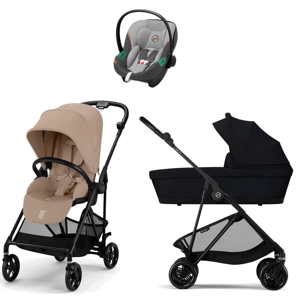 Коляска Cybex Melio Carbon Aton S2 i-Size Lava Grey 3 в 1 Almond Beige/Magic Black с дождевиками