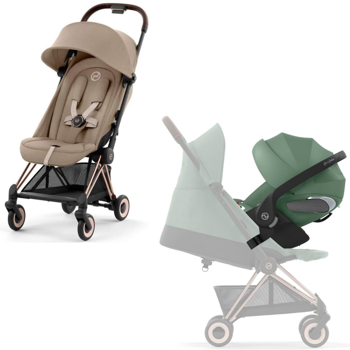 Коляска Cybex Coya Rosegold Frame Cloud T i-Size Leaf Green Plus Cozy Beige с дождевиком и бампером