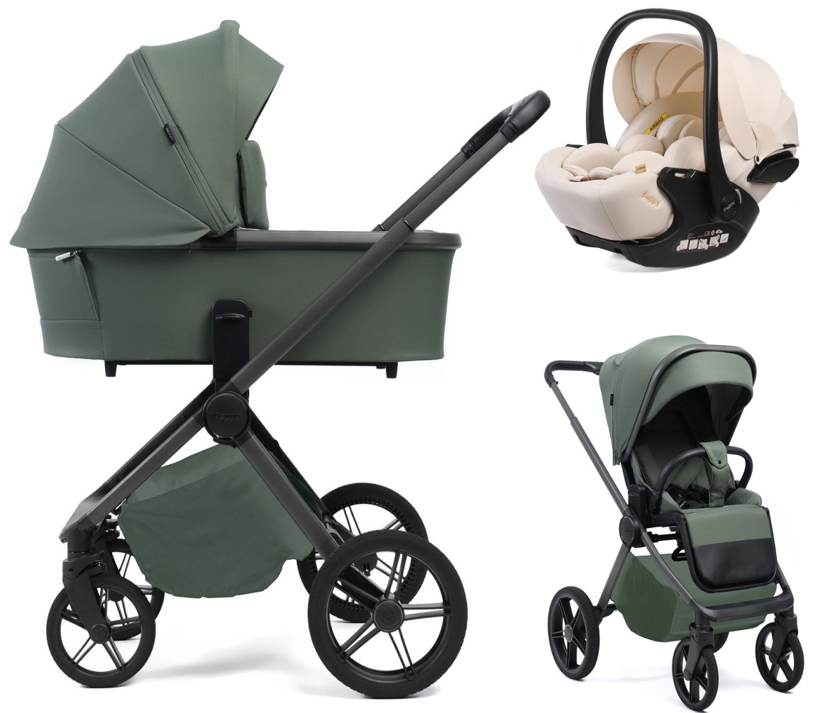 Детская коляска Peppy Monaco Plus 3 в 1 с автокреслом Verona Beige Oliva Green (зеленый), рама серая