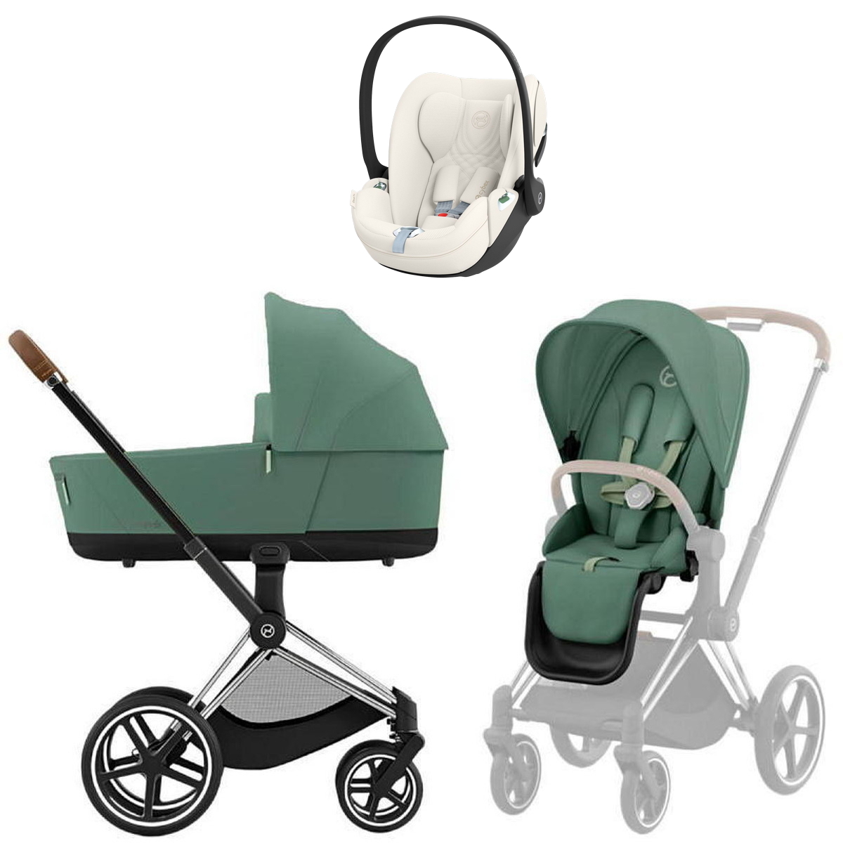 Коляска Cybex Priam IV Chrome Brown complete Cloud T Off White Plus 3 в 1 Leaf Green