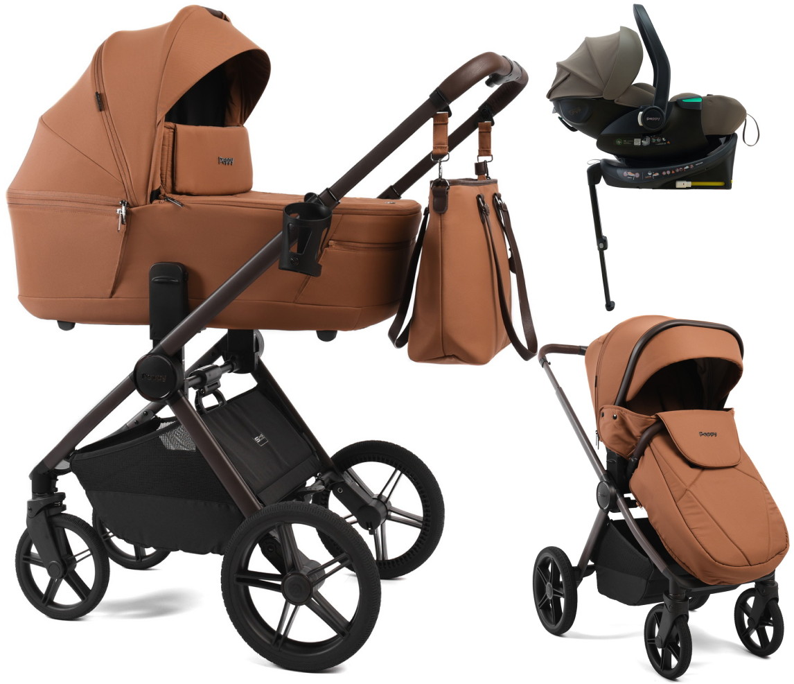 Детская коляска Peppy Monaco Thermo 4 в 1 с автокреслом Jet Brown и базой Biscuit (бисквит), рама серо-коричневая