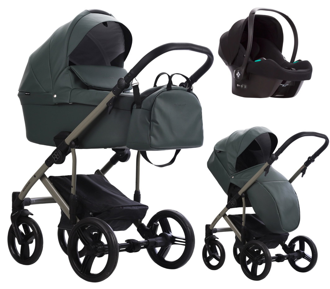 Детская коляска Bebetto Magnum Light Pro 3 в 1 с автокреслом Avionaut Cosmo 08 зеленая кожа