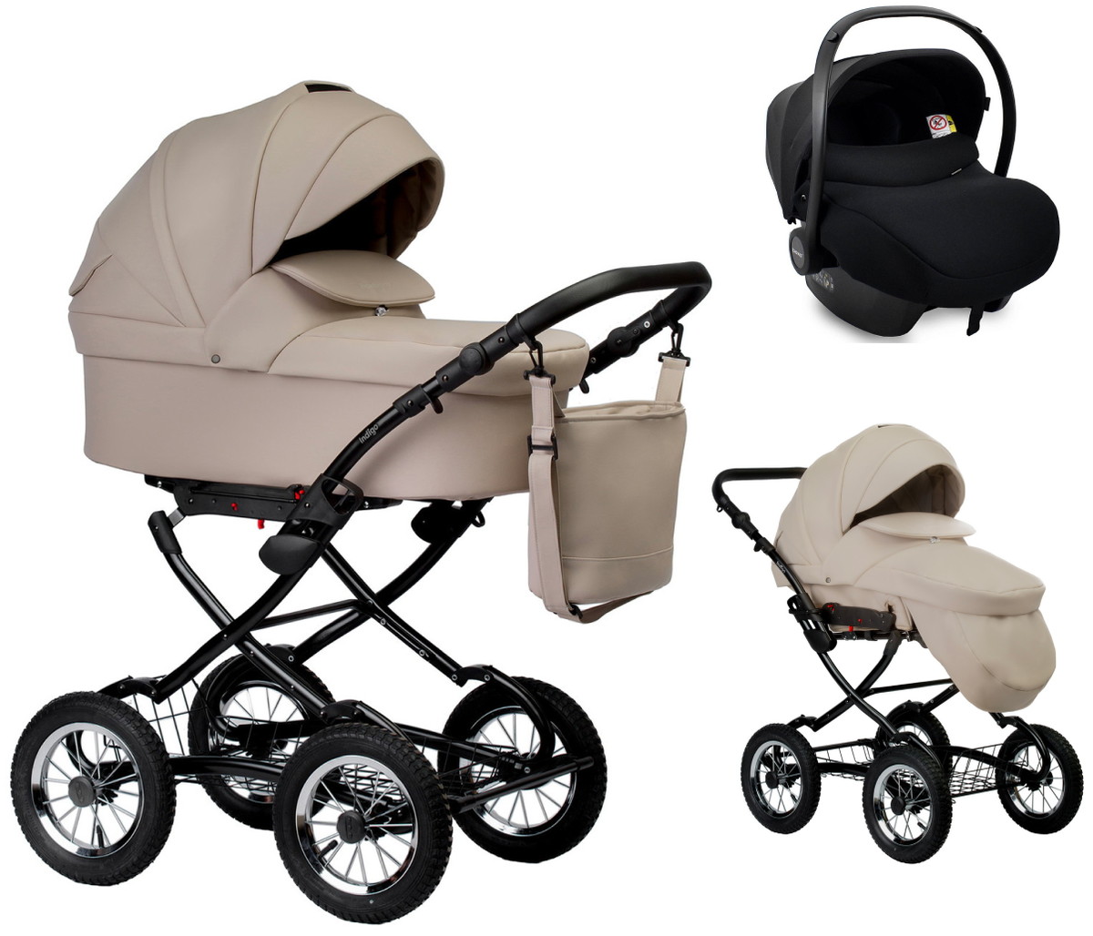 Детская коляска Indigo Barbara Eco Classic 3 в 1 с автокреслом Avionaut Cosmo Black Be02 св.бежевая кожа