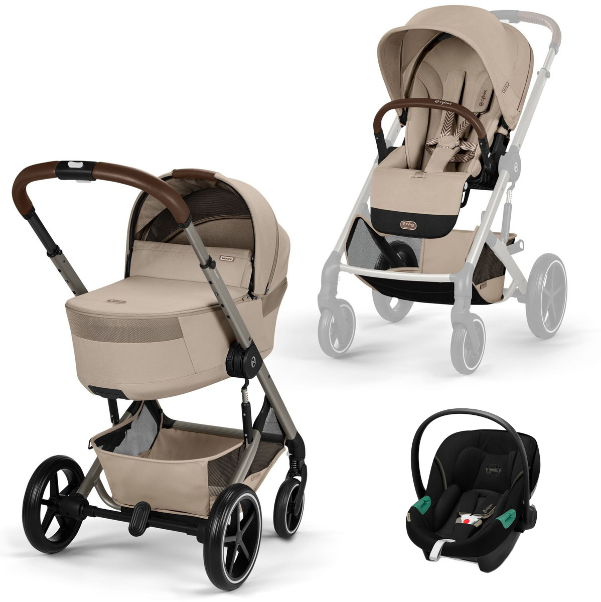 Коляска Cybex Balios S Lux Fold Cot TPE Aton S2 Moon Black 3 в 1 Almond Beige с дождевиками