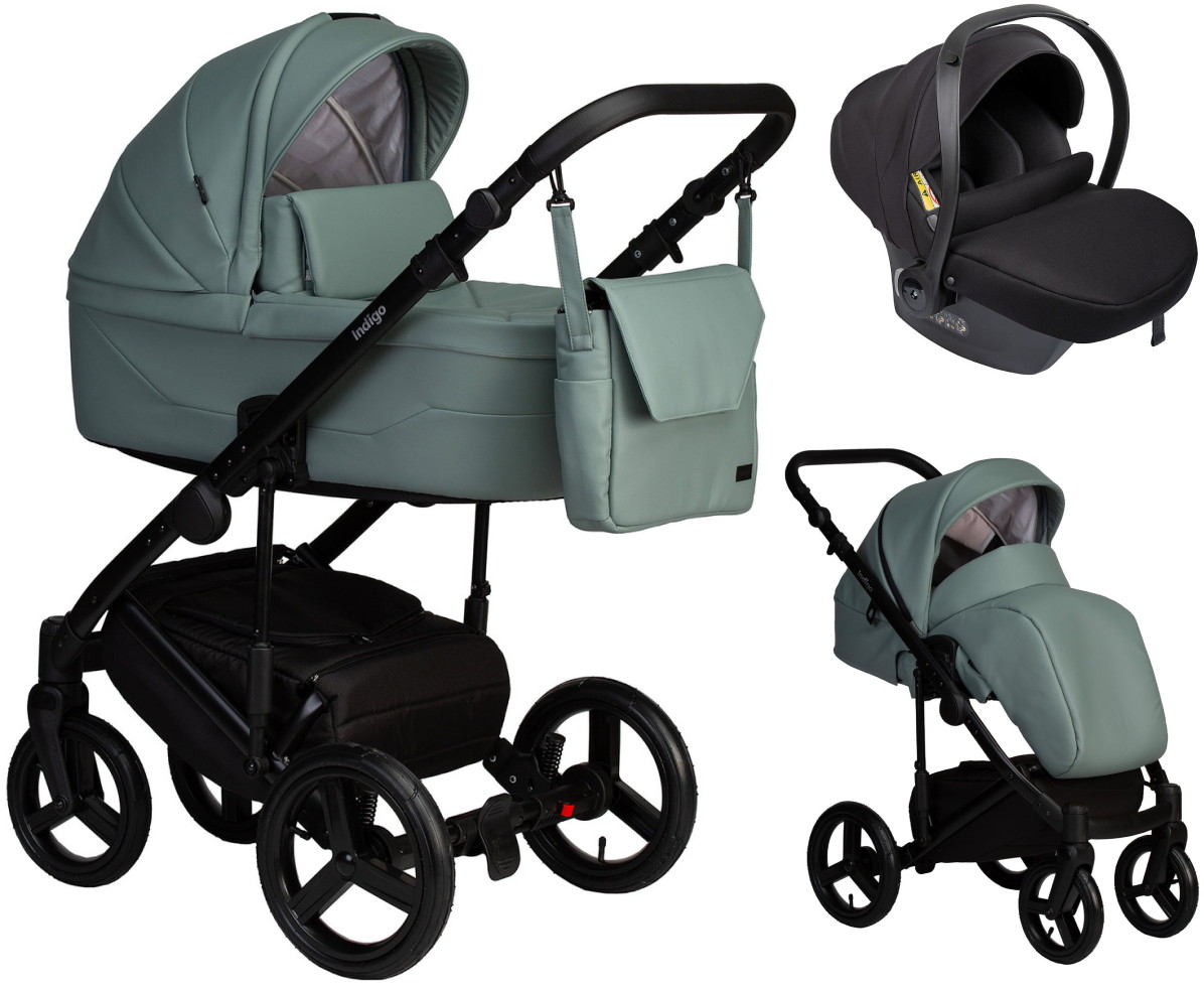 Детская коляска Indigo Lamar 3 в 1 с автокреслом Avionaut Cosmo Black La05 шалфей кожа