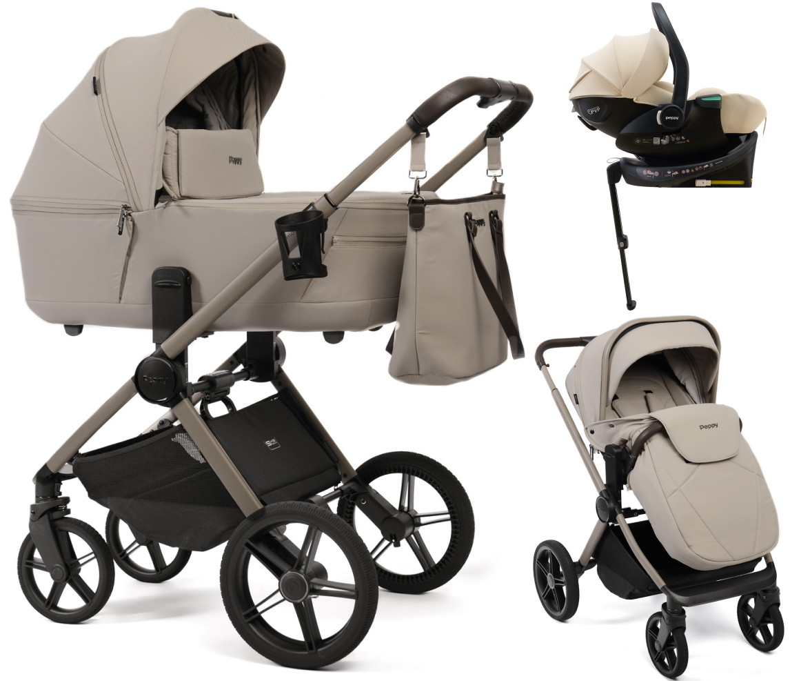 Детская коляска Peppy Monaco Thermo 4 в 1 с автокреслом Jet Beige и базой Latte (бежевый), рама бежевая