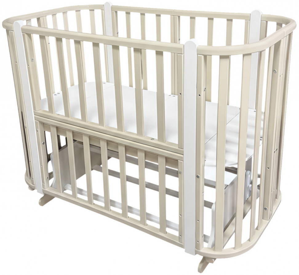 Детская кроватка Кедр Белоснежка (маятник поперечный,колесо) кашемир/белый