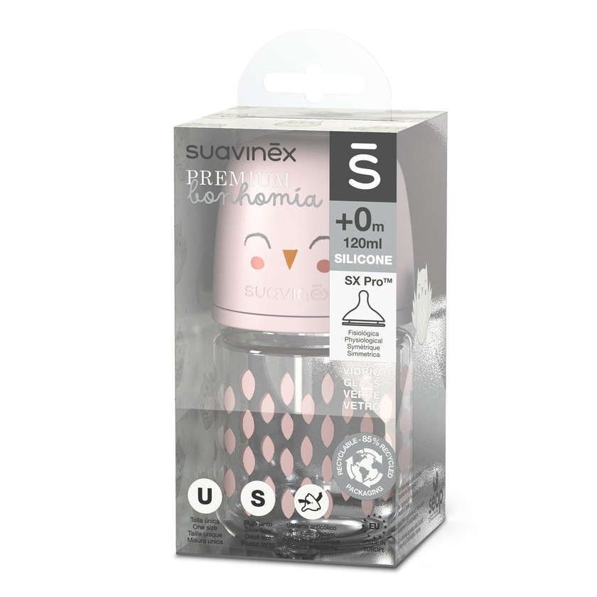 Стеклянная бутылочка Suavinex Pro Physiological 120 мл, с соской из силикона, медленный поток 0+ 307825 PK