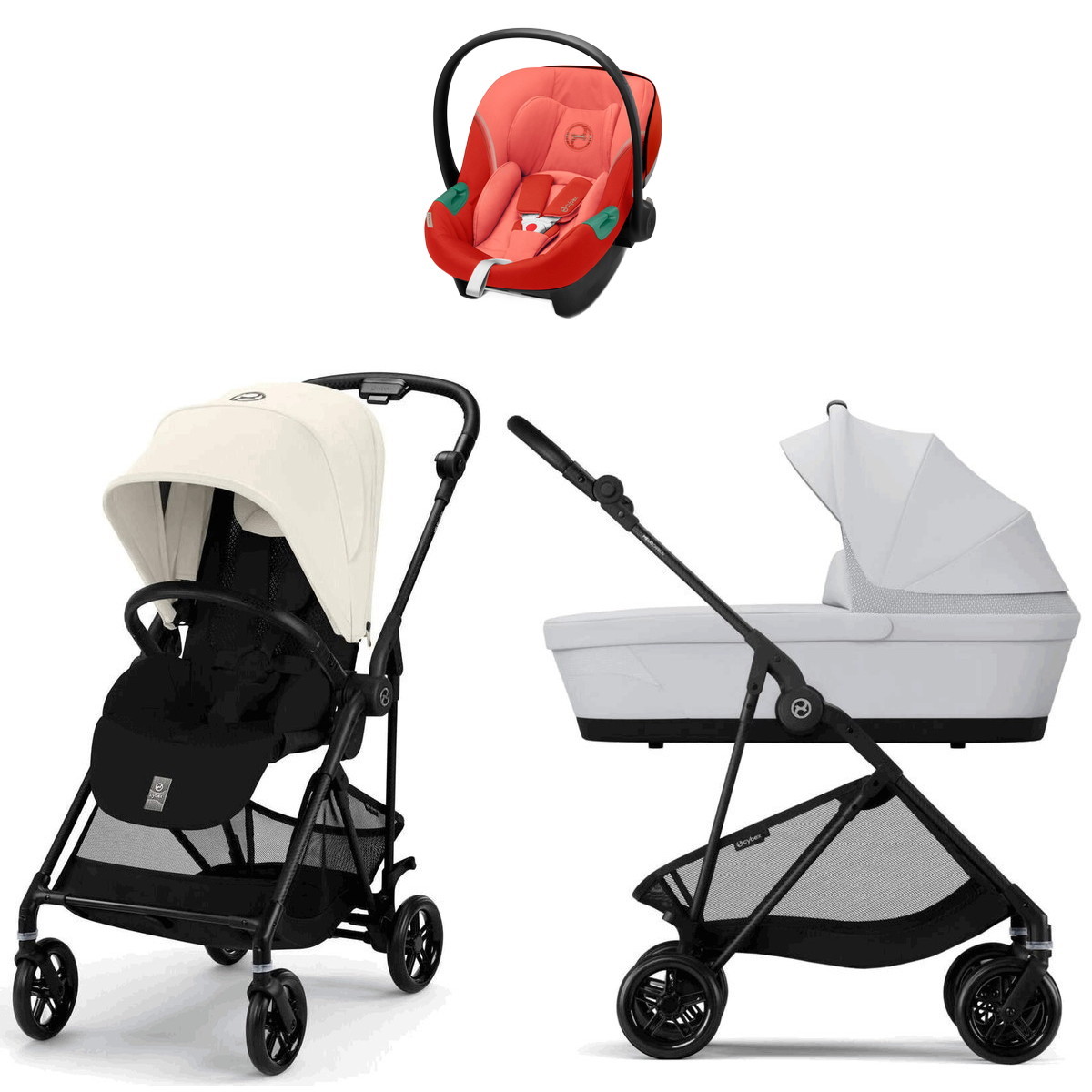 Коляска Cybex Melio Carbon Aton S2 i-Size Hibiscus Red 3 в 1 Canvas White с дождевиком/Fog Grey