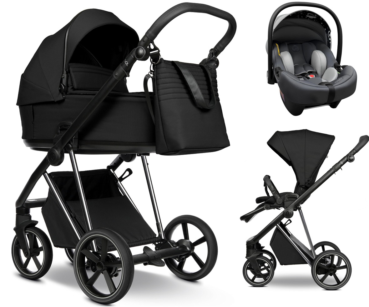 Детская коляска Roan Sol Vintage Luxury 3 в 1 с автокреслом Tutis Elo Lux EduSky Grey VIN 05/CB Caviar Black/Nickel/руч.Black