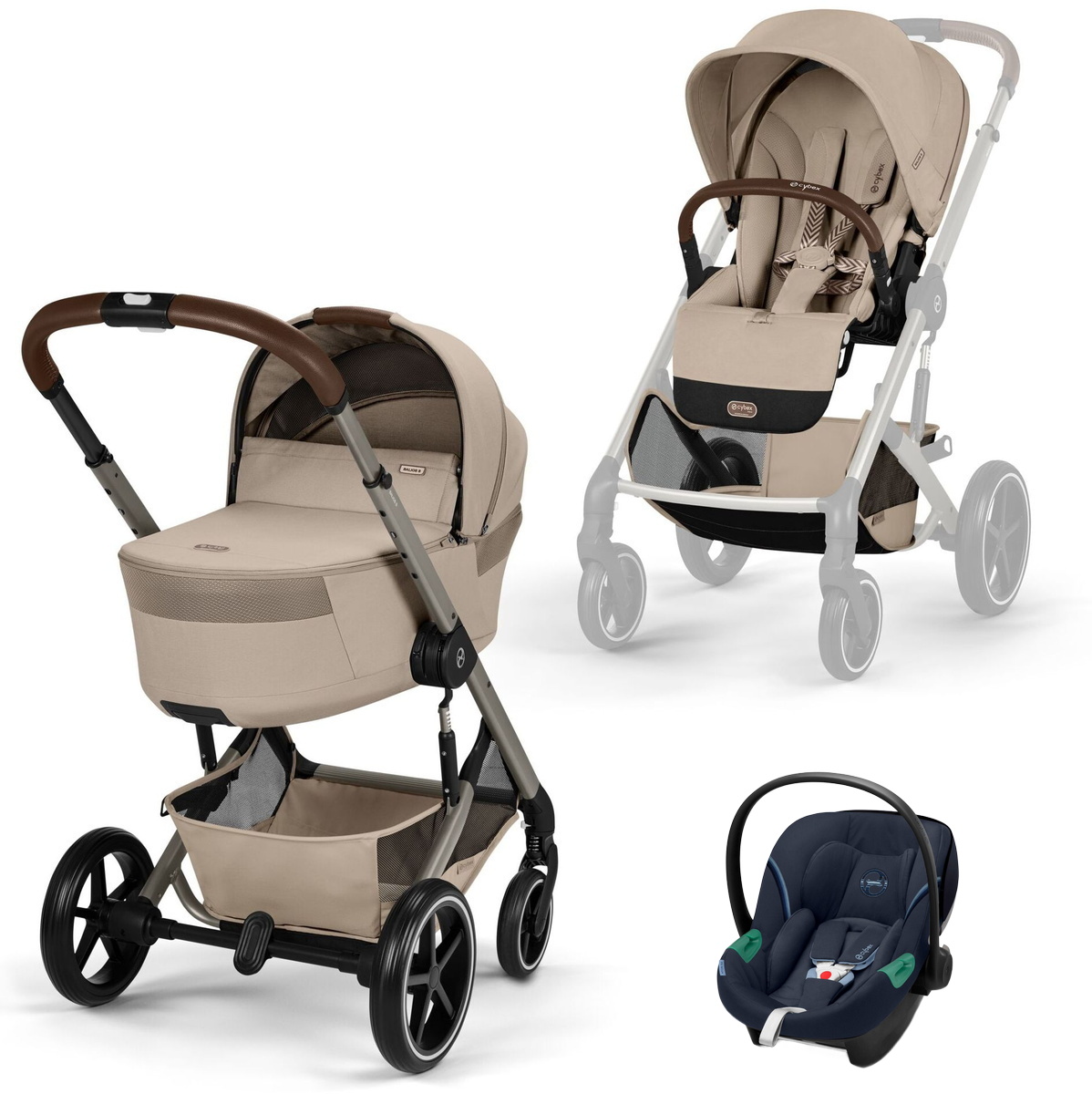 Коляска Cybex Balios S Lux Fold Cot TPE Aton S2 Ocean Blue 3 в 1 Almond Beige с дождевиками