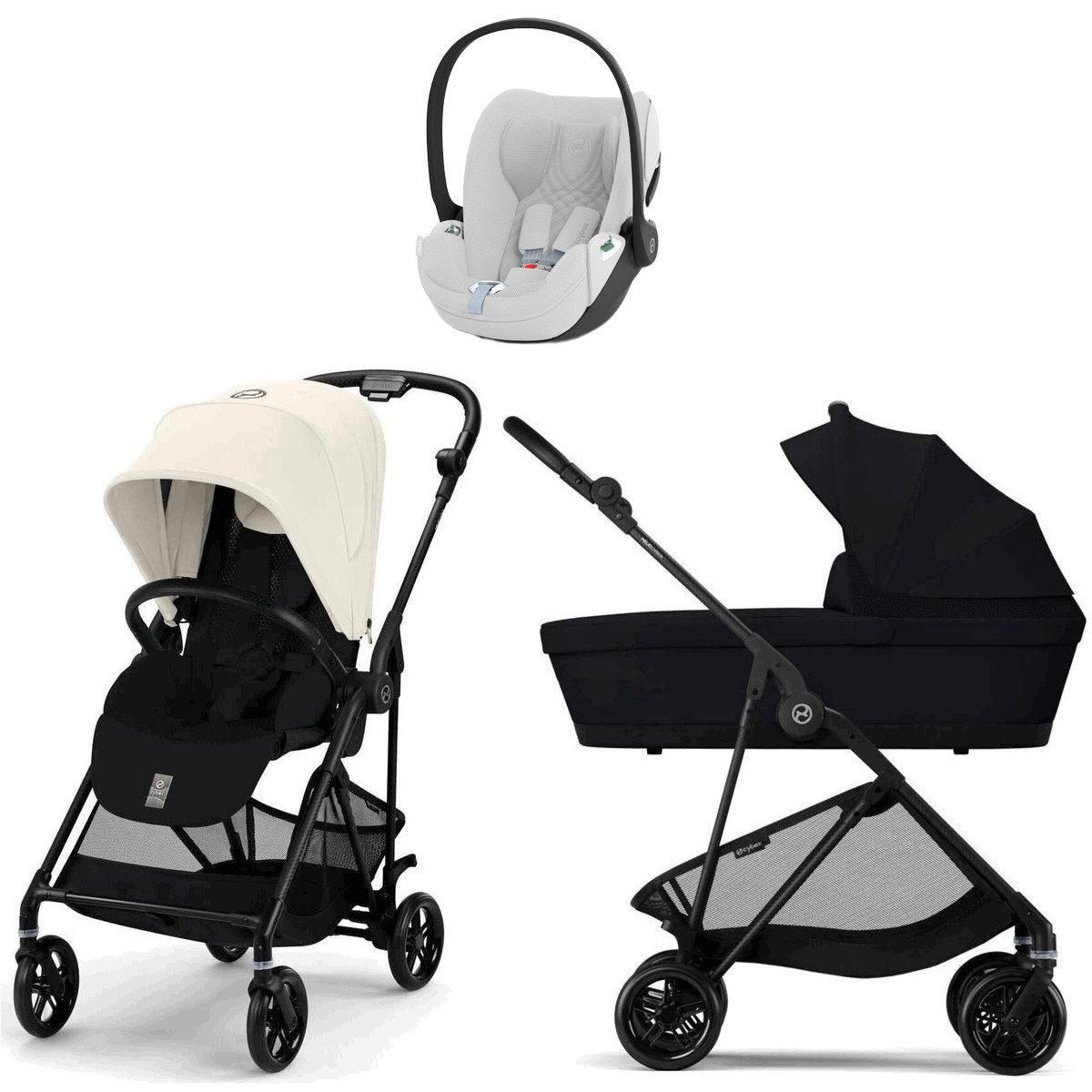 Коляска Cybex Melio Carbon Cloud T i-Size Platinum White Plus 3 в 1 Canvas White/Magic Black с дождевиками