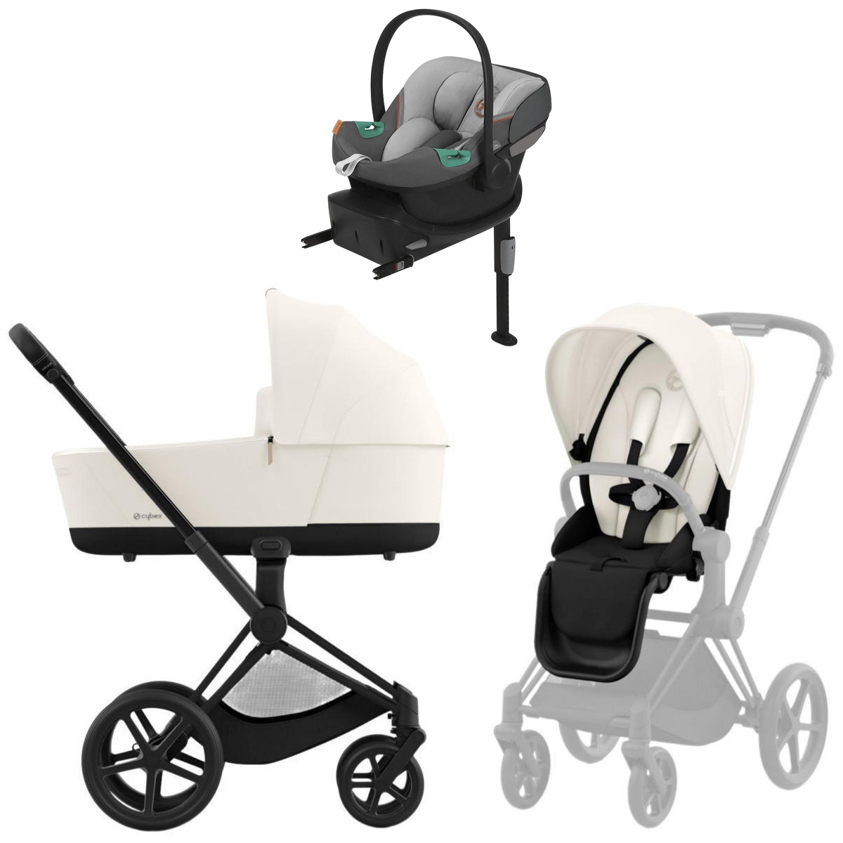 Коляска Cybex Priam IV Matt Black complete Aton S2 Lava Grey Base One 3 в 1 Off White