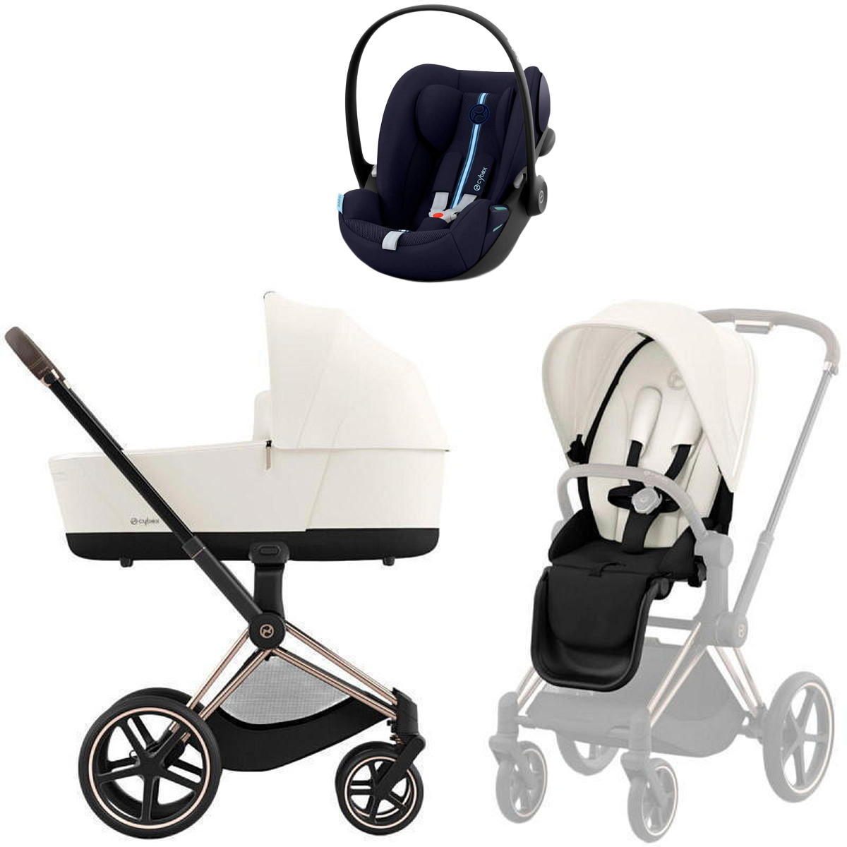 Коляска Cybex Priam IV Rosegold complete и автокресло Cloud G i-Size Ocean Blue Plus 3 в 1 Off White