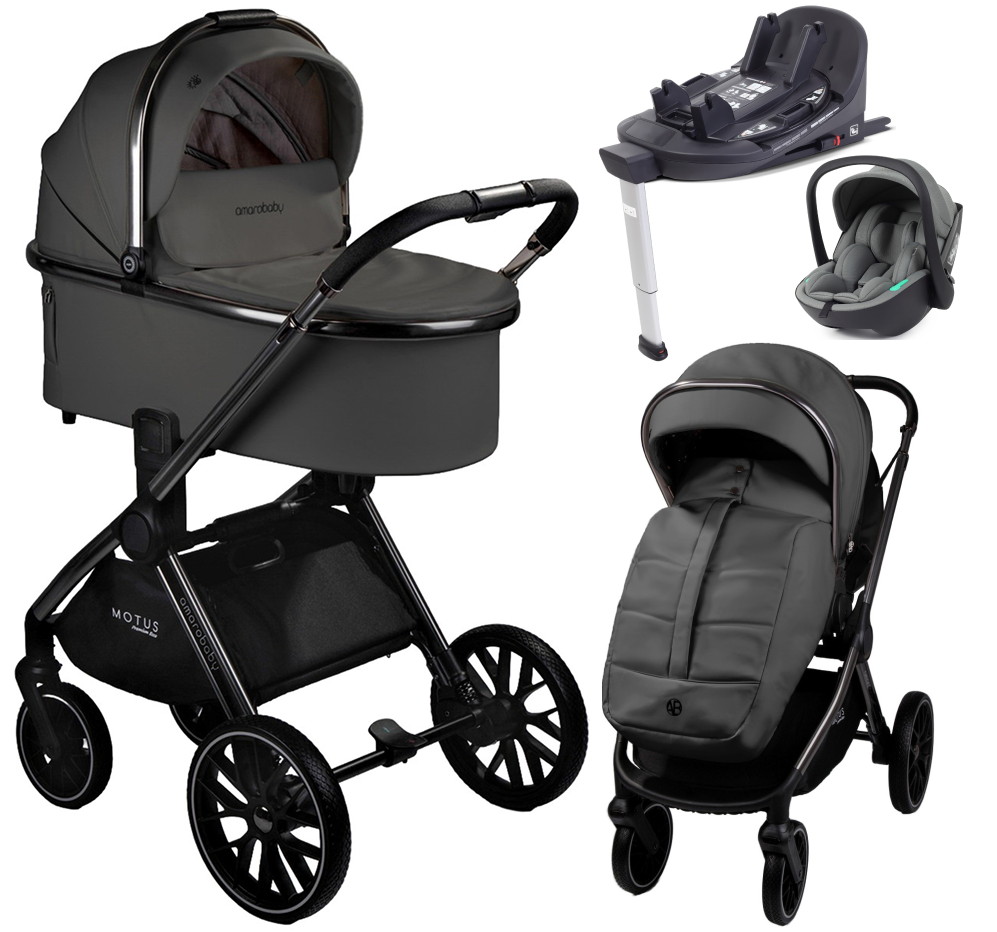 Детская коляска AmaroBaby Motus Premium Ecco 4 в 1 с автокреслом Rant Miro Olive и базой серый