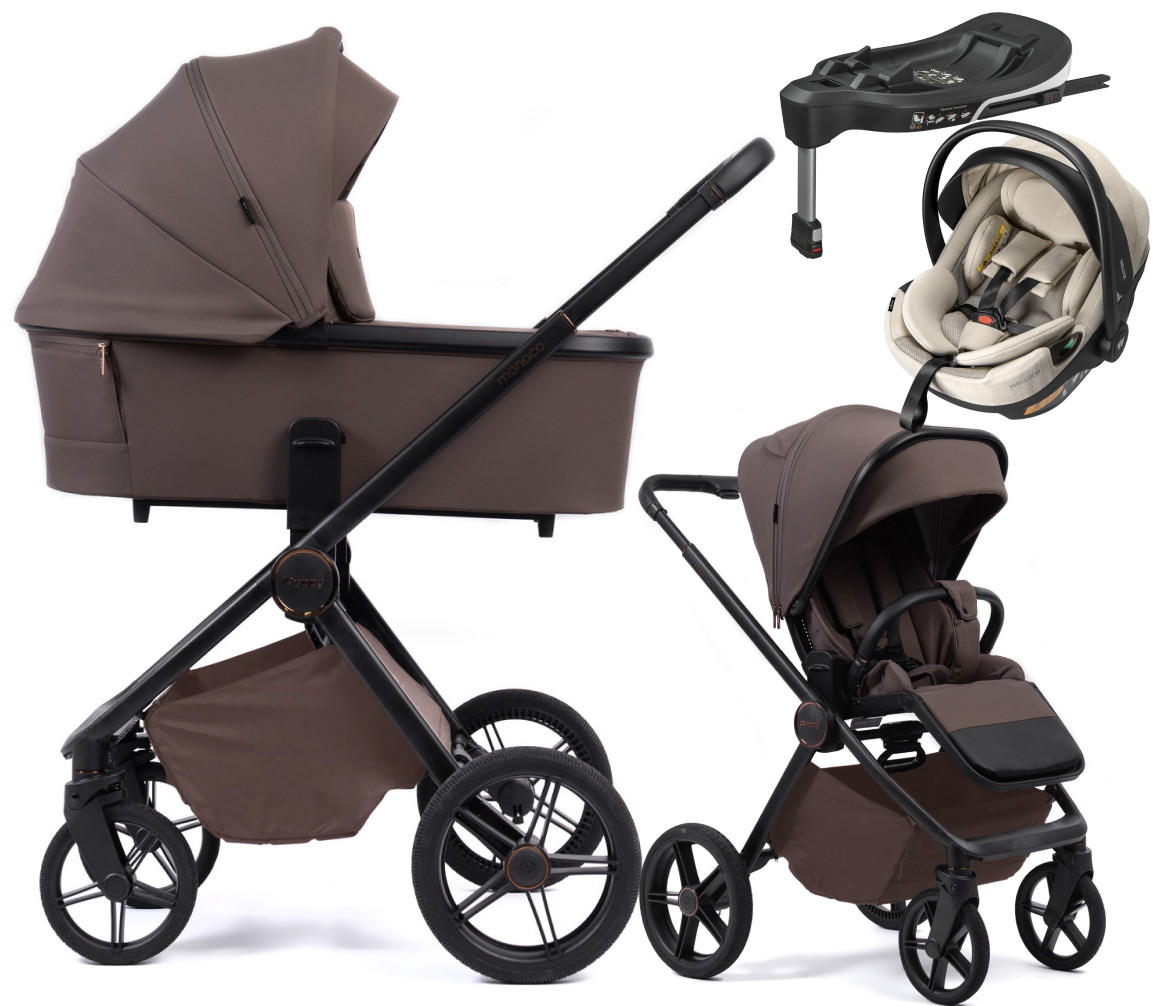 Детская коляска Peppy Monaco Plus 4 в 1 с автокреслом Welldon Crown 2 Beige и базой Brownie (коричневый), рама черная